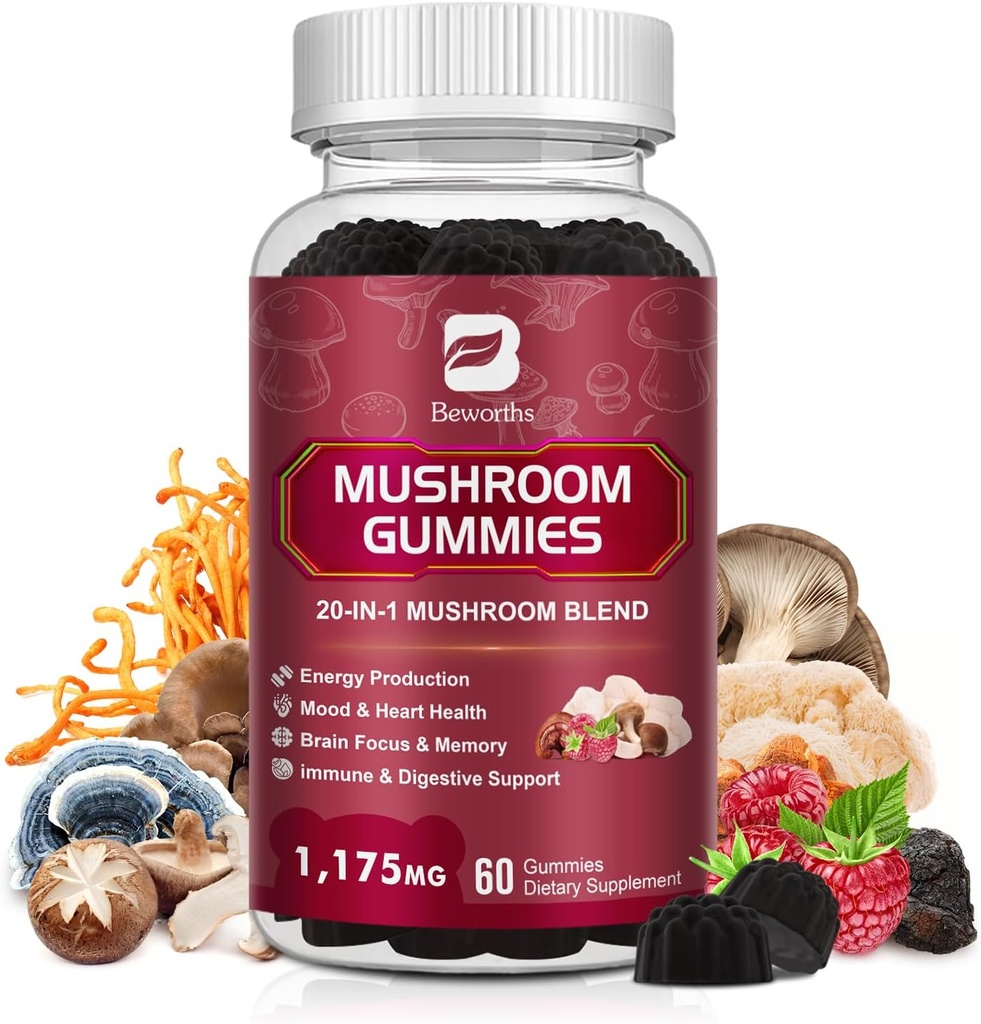 Mushroom Gummies, 20 in 1 Lions Mane Mushroom Complex Supplement with Reishi, Chaga, Cordyceps & More for Adult, Support for Brain, Focus, Cognitive & Immune Health, Vegan, Raspberry Flavor, 60 Count