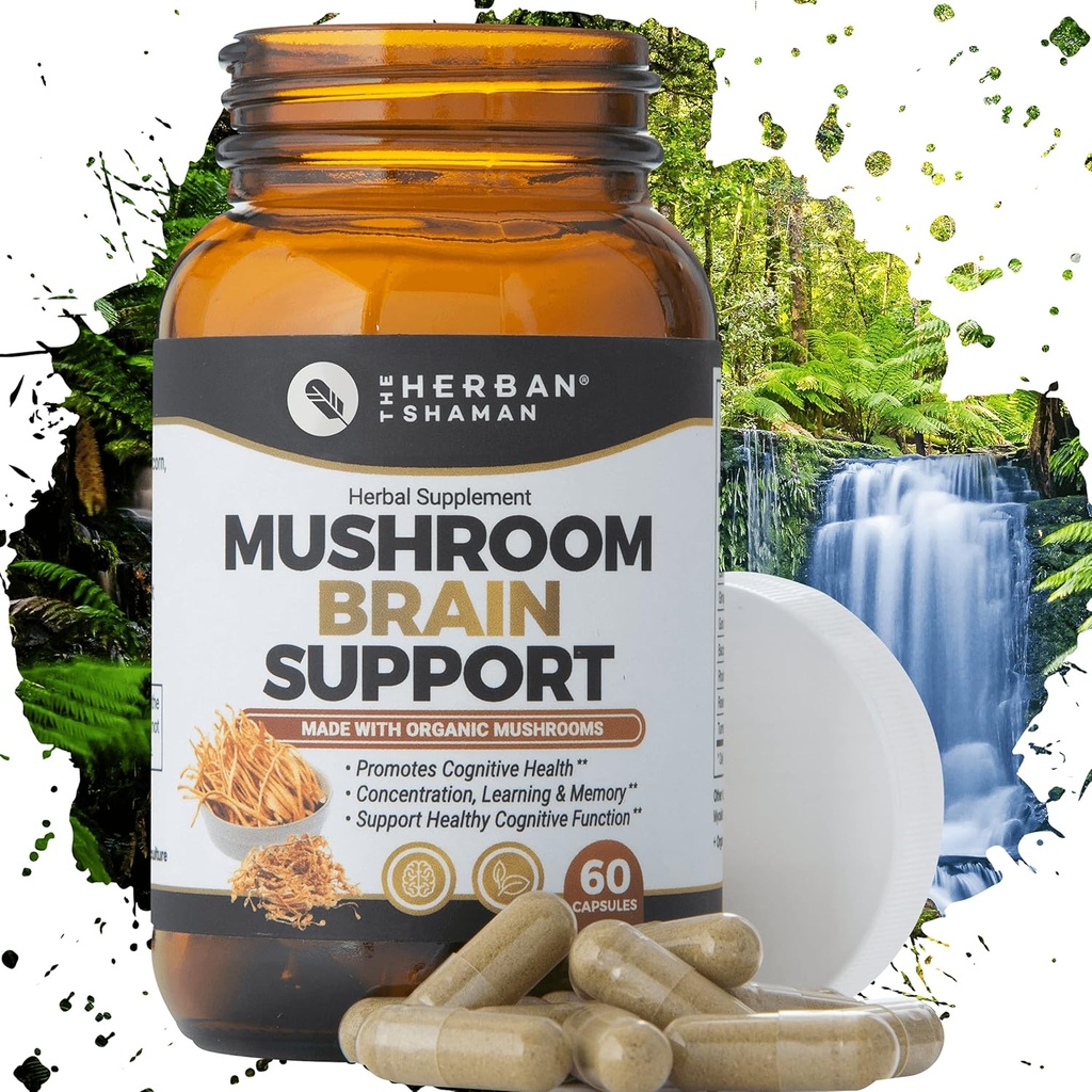 Mushroom Supplement Brain Support | Organic Lions Mane, Cordyceps, Ginkgo Leaf, Gotu Kola + More | Natural Herbal Supplement (60 Capsules)