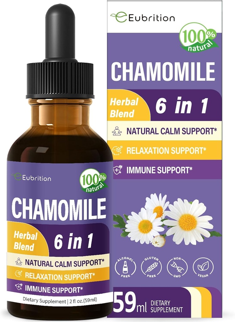 Chamomile herb Extract Drops, Natural Calm Herbal Tincture Supplement w/Passion Flower, St. John's Wort, Lavender, Reishi, & Echinacea for Relaxation Support & Immune Support. 2oz