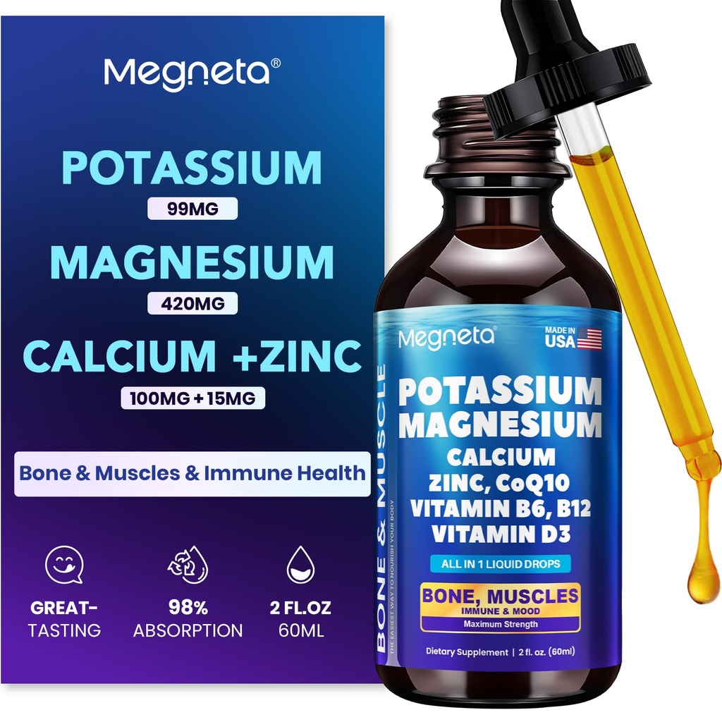 Potassium Magnesium Calcium Zinc Liquid Complex – Chelated Minerals with D3, B6, B12 & CoQ10 for Superior Absorption, Heart, Bone, Muscle, Sleep & Anti-Aging Support, 2 Fl Oz(60ml)
