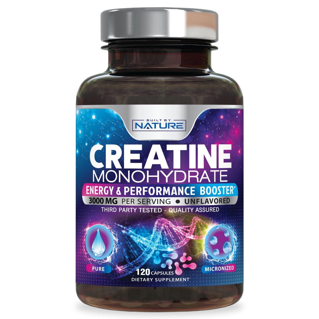 Built by Nature Creatine Monohydrate Pills - Micronized Creatine Supplement for Men & Women - Muscle Strength, Energy, Endurance, and Recovery - Gluten-Free, Vegan, Non-GMO - 120 Capsules