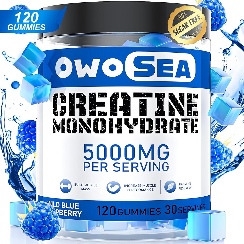 Creatine Monohydrate Gummies for Men & Women 5000mg Creatine Monohydrate per Serving for Muscle Support Energy Boost 120 Count Chewable 5g Creatine Supplement Sugar Free Vegan (1 Pack, Blue Raspberry)