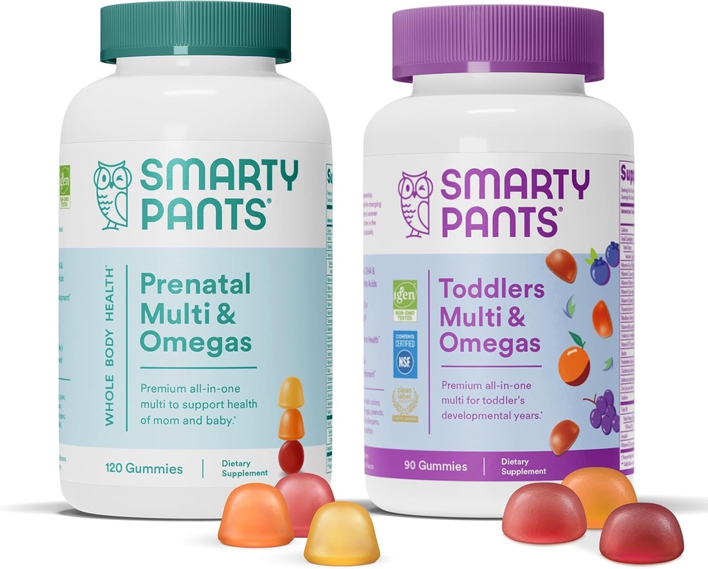 SmartyPants Prenatal and Toddler Multivitamin Gummies Bundle: Omega 3 Fish Oil (EPA/DHA), Biotin, Methylfolate, Vitamin D3, C, Vitamin B12, B6, A, K & Zinc for Immune Support (30 Day Supply)