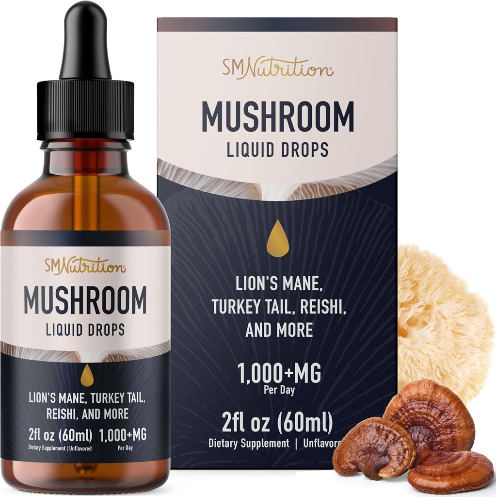 Mushrooms Liquid Drops Complex | Lions Mane Supplement with Turkey Tail Mushroom, Reishi, Shiitake & More | Support Cognitive Function, Memory & Focus | Non-GMO, Soy-Free | 2 Fl Oz, 60 Servings