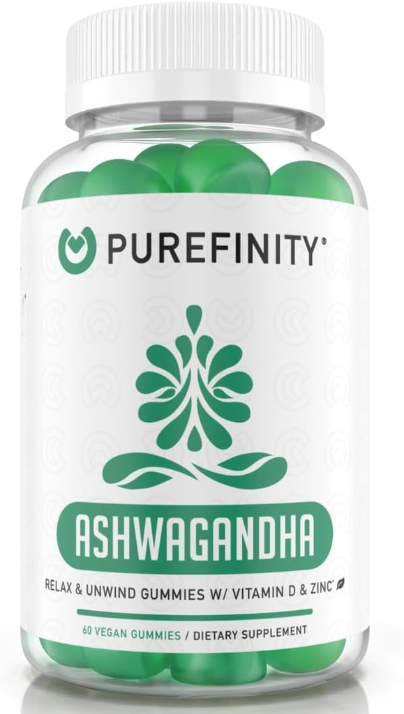 PUREFINITY Ashwagandha Gummies with Vitamin D & Zinc – Supplement for Relaxation, Calming, and Mood Support – Gluten Free, Non-GMO, Vegan, 60 Count