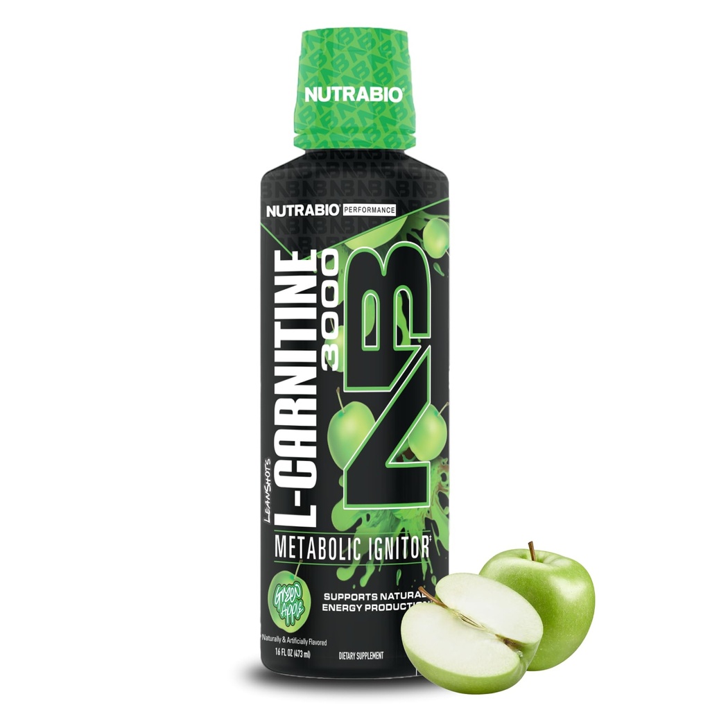 NutraBio – L-Carnitine Liquid Shots – 3000mg, (Green Apple) – 10mg of Vitamin B-5 – Zero Carbs & Sugars – Energy Production – Muscle Recovery