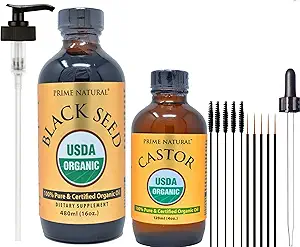 PRIME NATURAL Organic Black Seed Oil & Organic Castor Oil - 2 Oil Bundle - USDA Certified - Cold Pressed, Virgin, Unrefined, Vegan, No Preservatives
