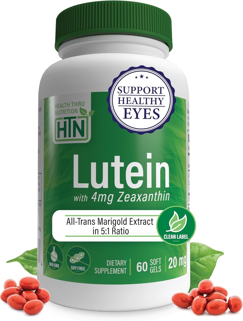 Lutein 20mg with Zeaxanthin 4mg 60 Softgels | All-Trans Marigold Extract in Nature Identical 5:1 Ratio | Supports Healthy Eye, Skin and Brain | Non-GMO Soy & Gluten Free | by Health Thru Nutrition