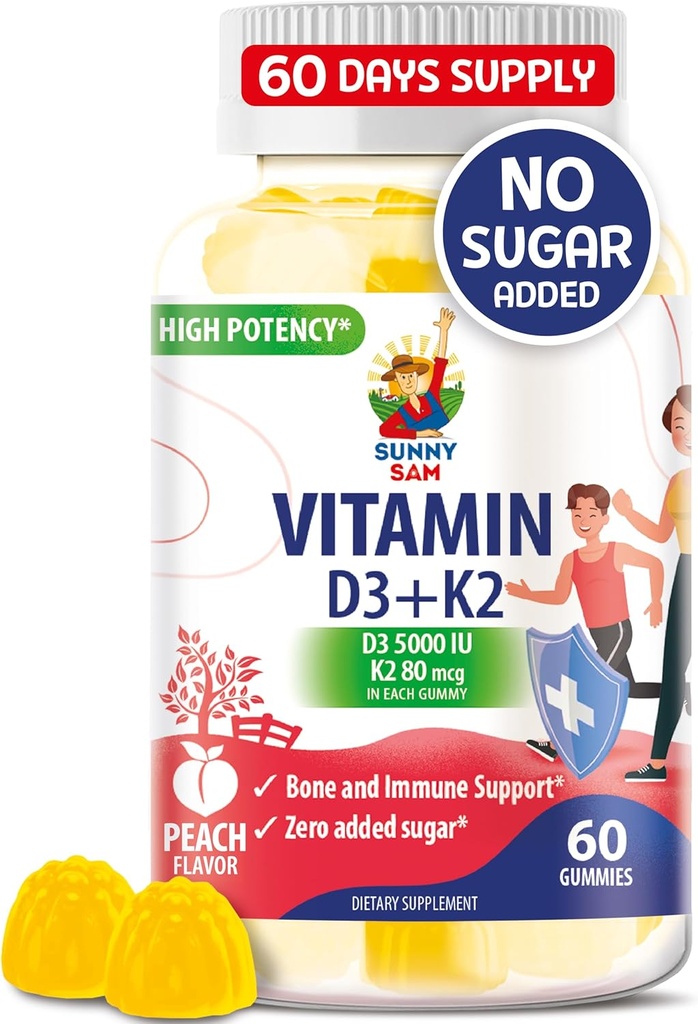 Sugar-Free Vitamin D3 K2 Gummies 5000 IU - Immune & Bone Support Gummies - Vitamin D Gummy Supplement for Adults - High-Absorption, Vegan, Halal, Gluten-Free Chewable Vitamins