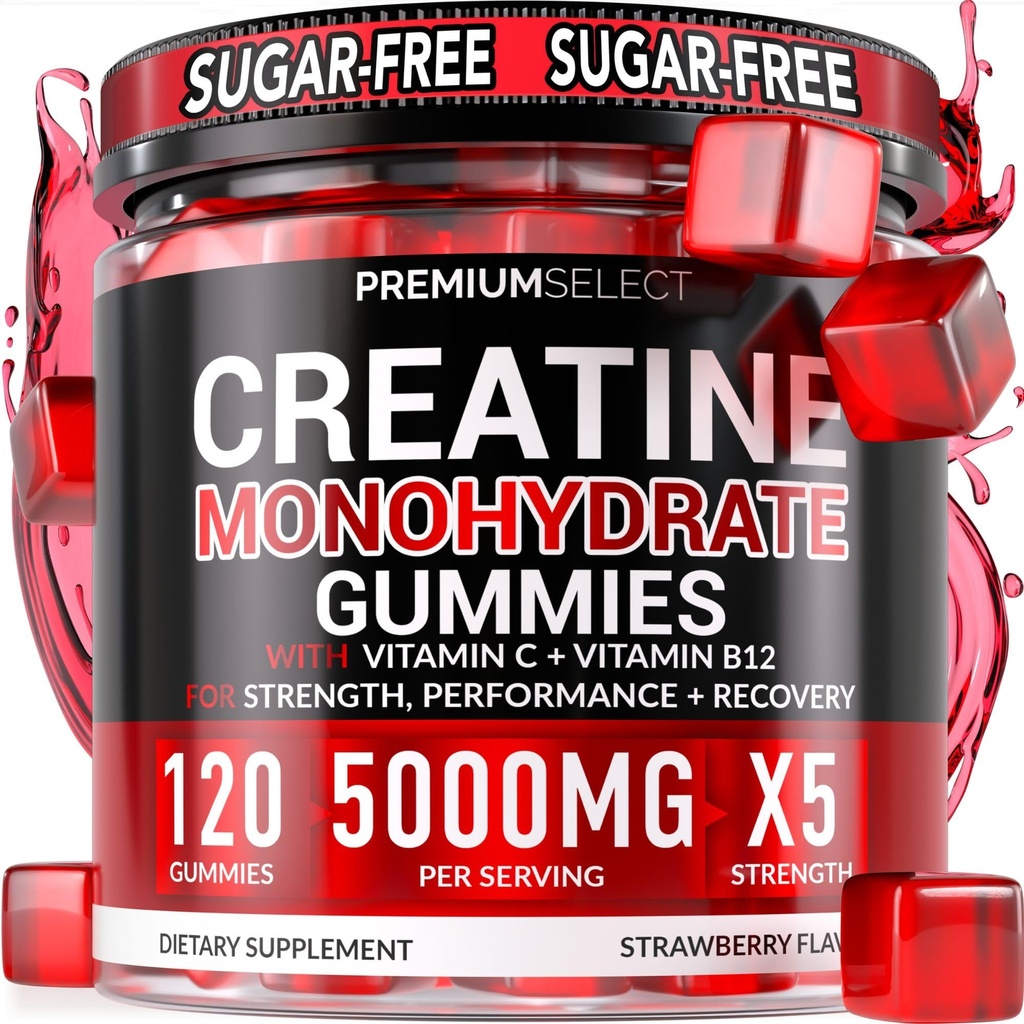 Sugar Free Creatine Monohydrate Gummies 5g Per Serving - 120 Monohydrate Creatine Gummies Advanced Complex with Vitamin C + Vitamin B12 for Muscle Strength, Energy Boost, Pre-Workout Gummy