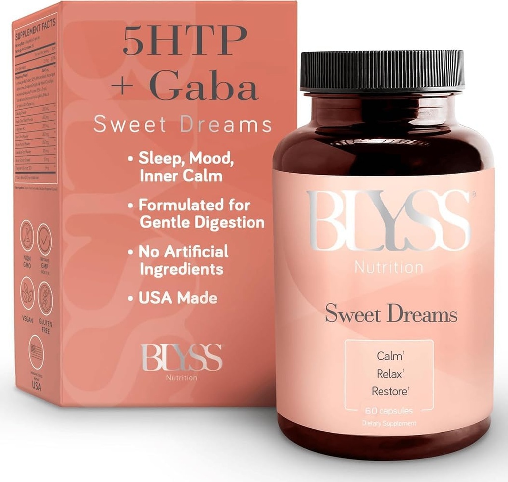 5HTP Plus GABA Supplement - Supports Mood, Relaxation Stress & Sleep - 200mg - Pure HTP-5 Capsules for Women - 60 ct
