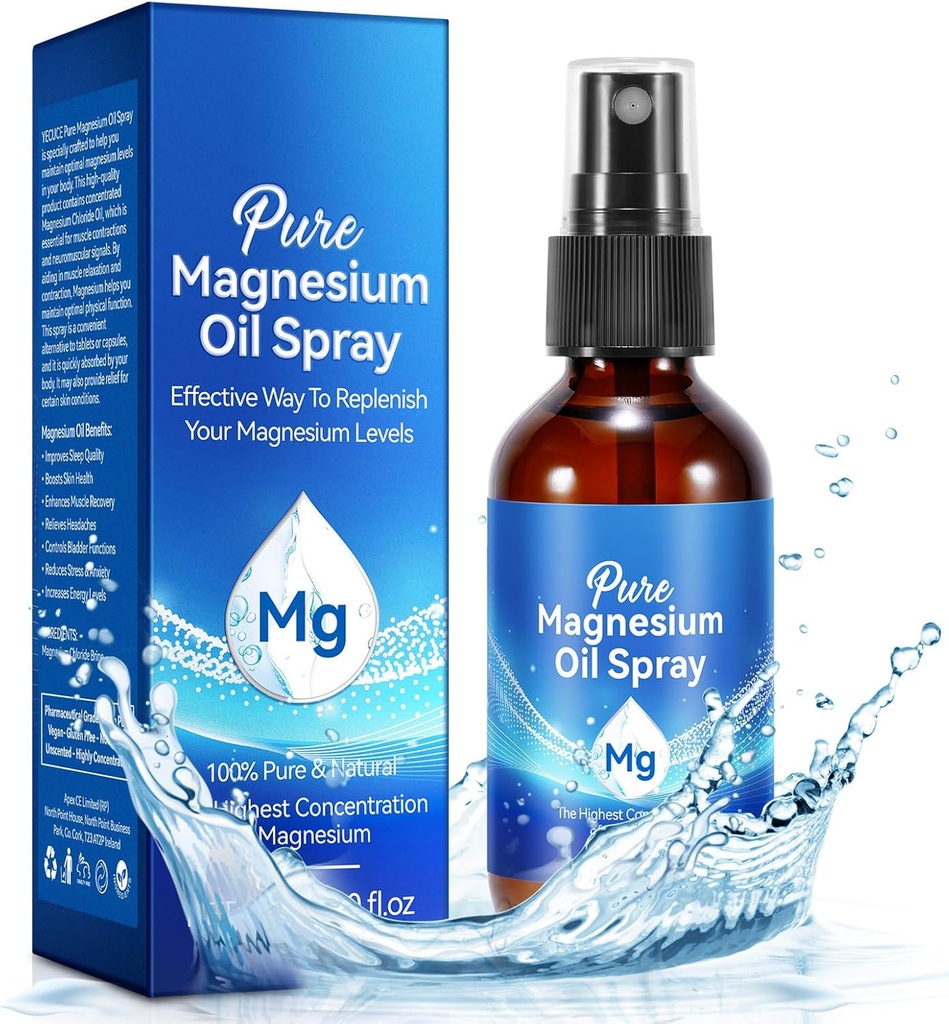 Magnesium Spray, Pure Magnesium Oil Spray for Feet, Natural Organic Ingredient in Glass Bottle, Easy to Absorb and Use (60ML)