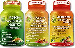 SUPPLEMENTS STUDIO Immune Support Bundle – Liposomal Vitamin C 1500mg + Liposomal Glutathione 500mg + Quercetin with Bromelain, Zinc & Vitamin C – Vegan, Non-GMO, Enhanced Absorption Formulas