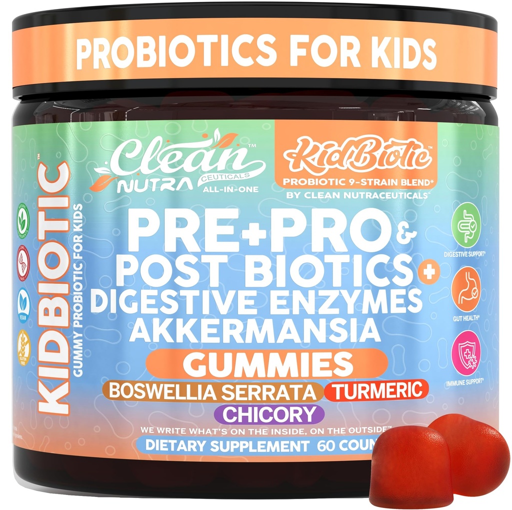 Clean Nutra Kids Probiotics Gummies with Prebiotics, Postbiotics, Digestive Enzymes, Akkermansia, Boswellia Serrata, Turmeric, Chicory – 60 Count – Plant-Based Supplement for Kids – PeachPop Flavor