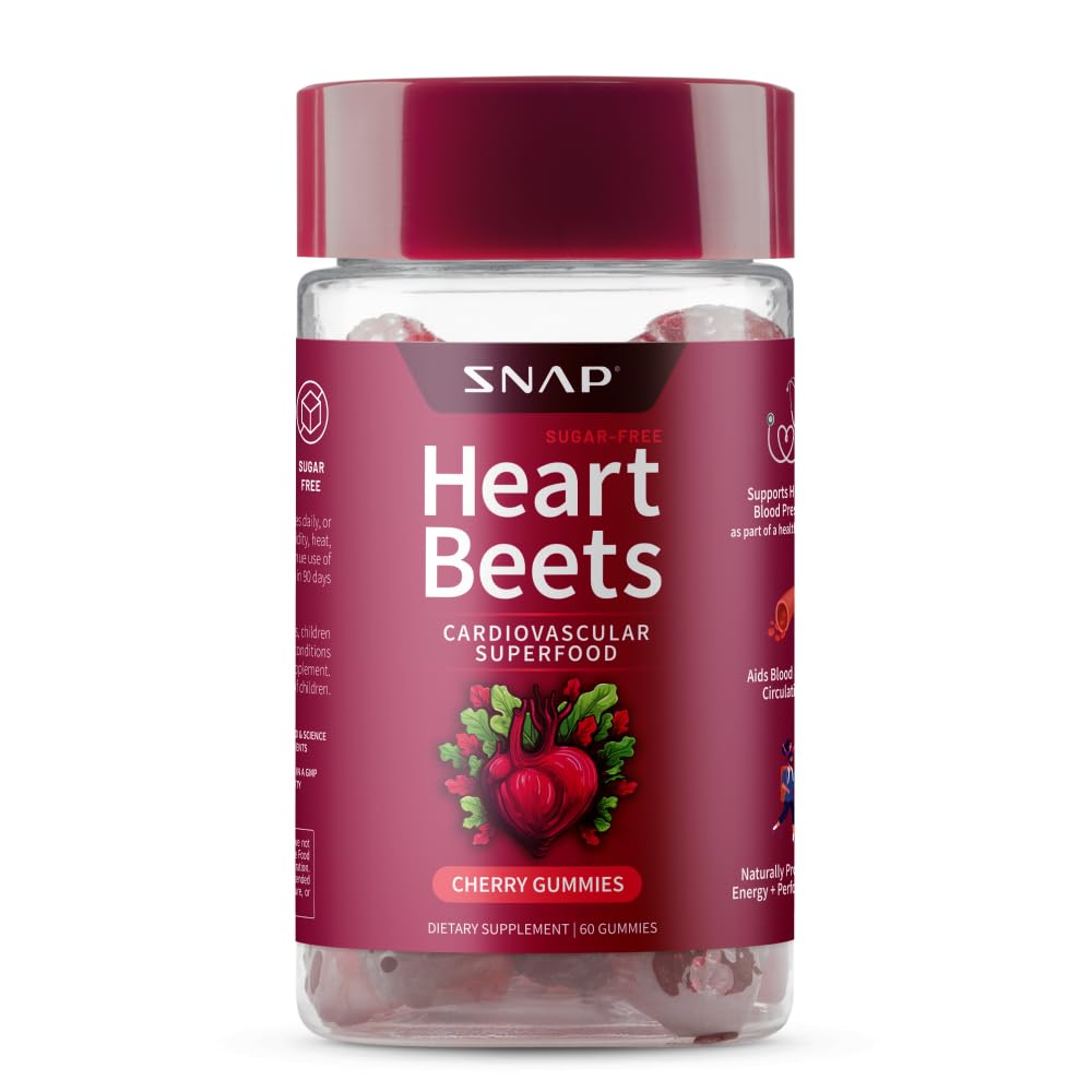 Snap Supplements Heart Beets Organic Beet Root Gummies, Cardiovascular Support Supplement for Men & Women, Pomegranate, Red Spinach, Heart Health & Circulation Support, Sugar Free, Cherry, 60 Gummies