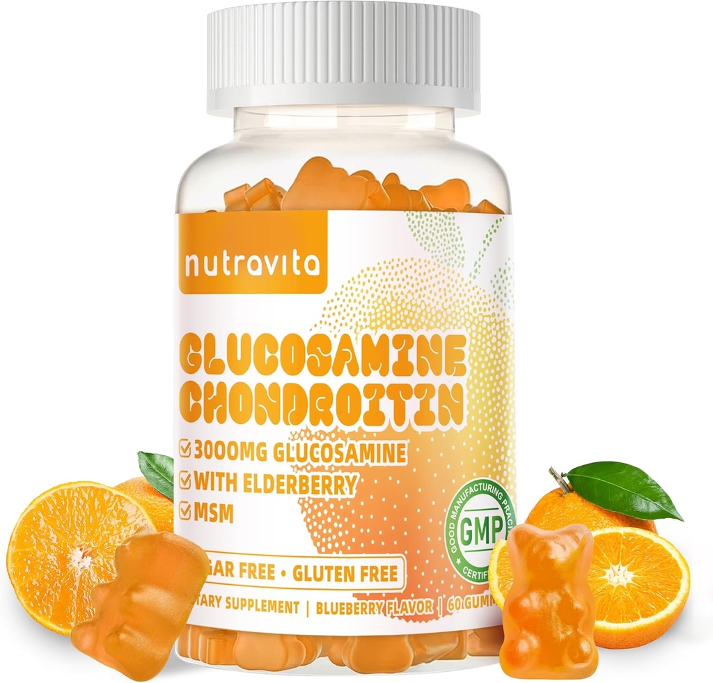 Nutravita Glucosamine Chondroitin Gummies with MSM & Elderberry Extra Strength - Joint Support, Antioxidant Immune Support Supplement for Adults, Men & Women.60 Orange Chews