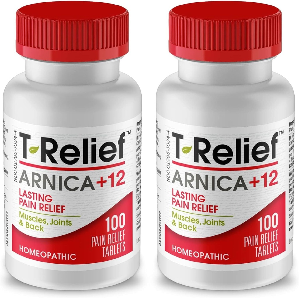 T-Relief Arnica +12 Natural Relieving Actives for Back Pain Joint Soreness Muscle Aches & Stiffness, Whole Body Fast Acting Relief for Women & Men - 100 Tablets (2 Pack)