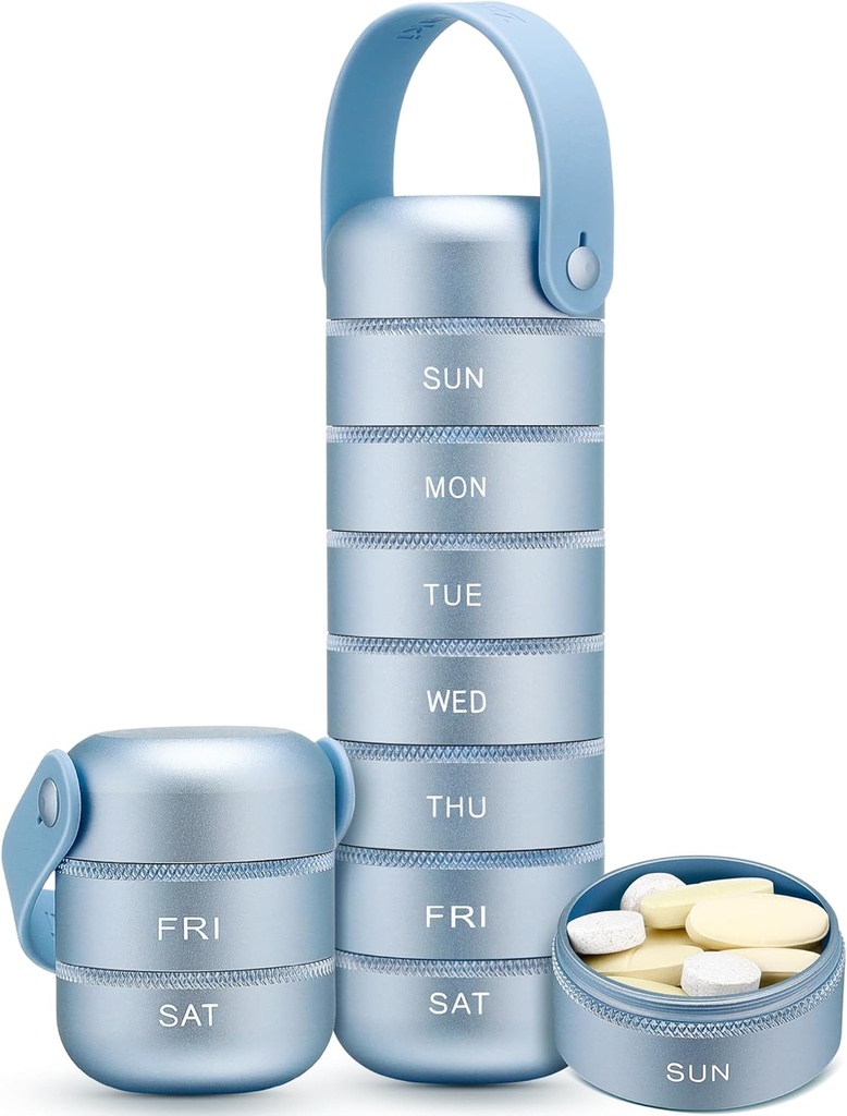 Zannaki Metal Weekly Pill Organizer, Large Travel Pill Box 7 Day, Waterproof Daily Pill Case with Silicone Handle, Aluminum Alloy Portable Pill Holder Container for Vitamin, Medicine, Supplement,Pills