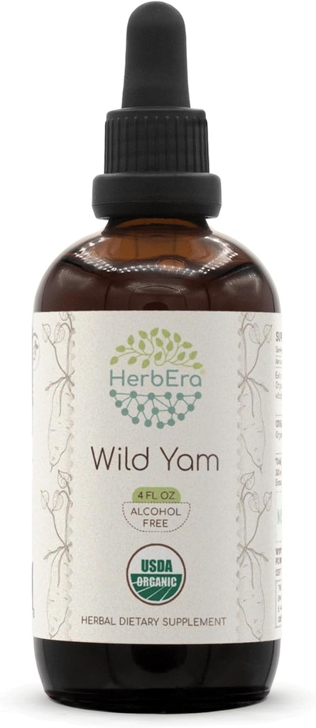 HerbEra Wild Yam B120 USDA Organic Alcohol-Free Herbal Extract Tincture, Concentrated Liquid Drops Natural Wild Yam (Dioscorea Villosa) Dried Root 4 fl oz