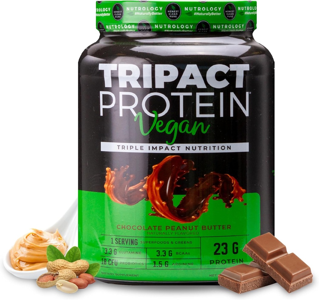 Nutrology TRIPACT Vegan Protein Powder - Organic Pea, Rice & Pumpkin Protein, BCAAs & Glutamine Plant-Based Meal Replacement Shakes for Muscle Recovery & Immunity, Chocolate Peanut Butter, 20 Servings