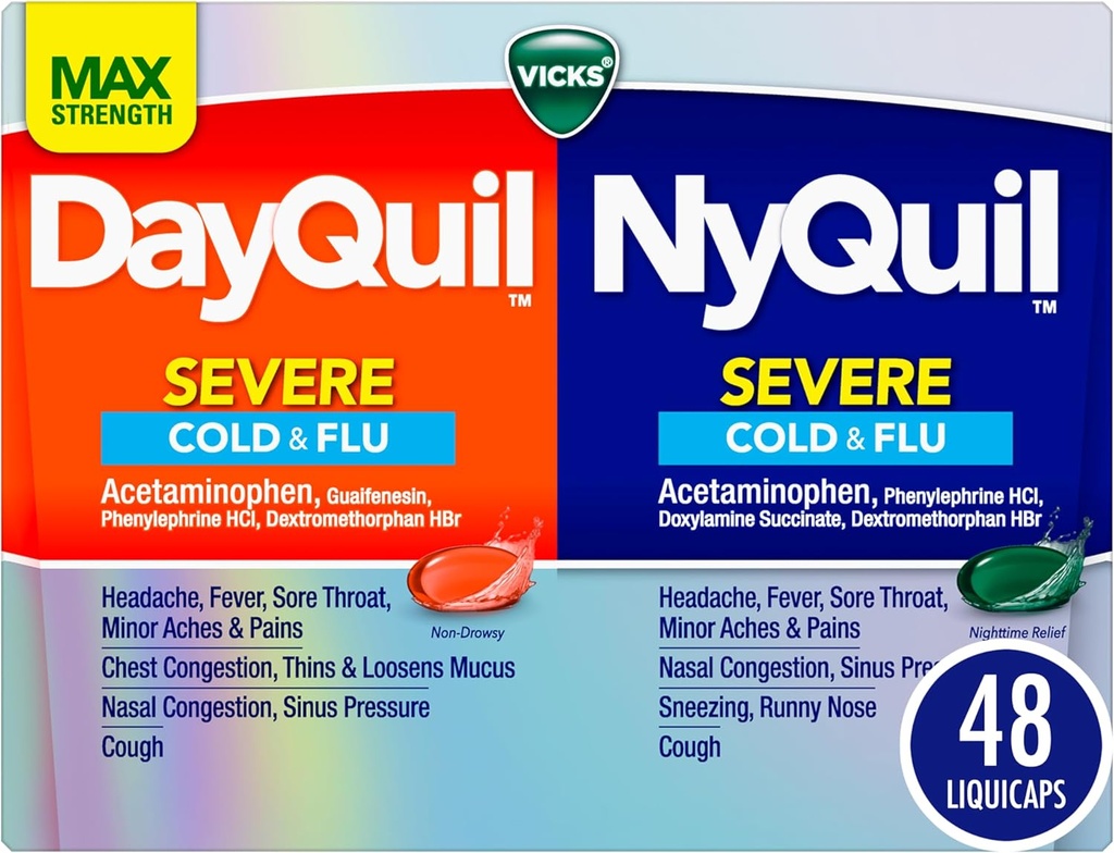 VICKS DayQuil & NyQuil SEVERE Co-Pack, Cold & Flu Medicine, Powerful Relief for Headache, Fever, Sore Throat, Minor Aches & Pains, Congestion, Sinus Pressure, Stuffy Nose, and Cough, 48 LiquiCaps
