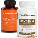 Real Mushrooms RealBoost (60ct) and Lions Mane (120ct) Capsules Bundle - Mushroom Supplement for Energy, Vitality & Cognition - Energy & Brain Vitamins w/Cordyceps, Ginseng, Guayusa - Vegan, Non-GMO