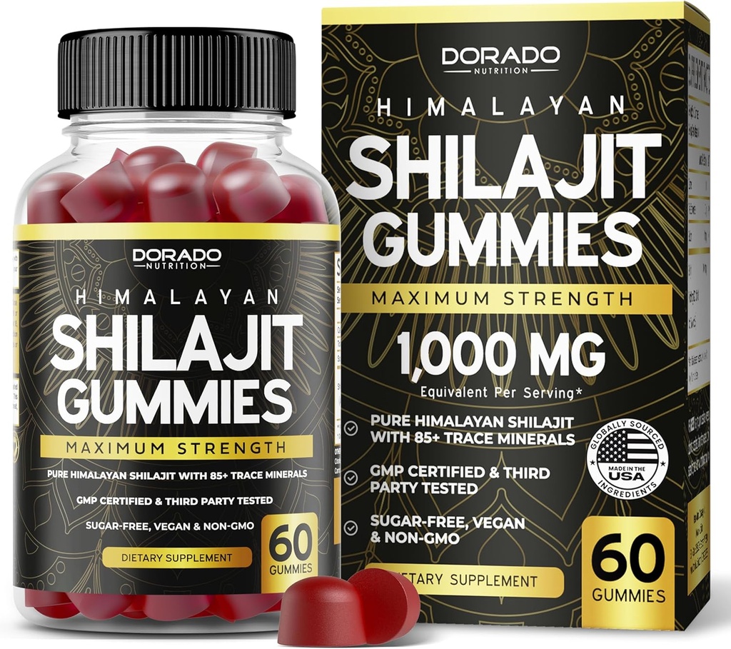 Shilajit Gummies For Men & Women 1000mg (High Potency Gold Grade with 85+ Trace Minerals with Fulvic Acid) - Energy & Immunity Support - Third Party Tested, Non GMO, Vegan & Made in USA - (60 Gummies)