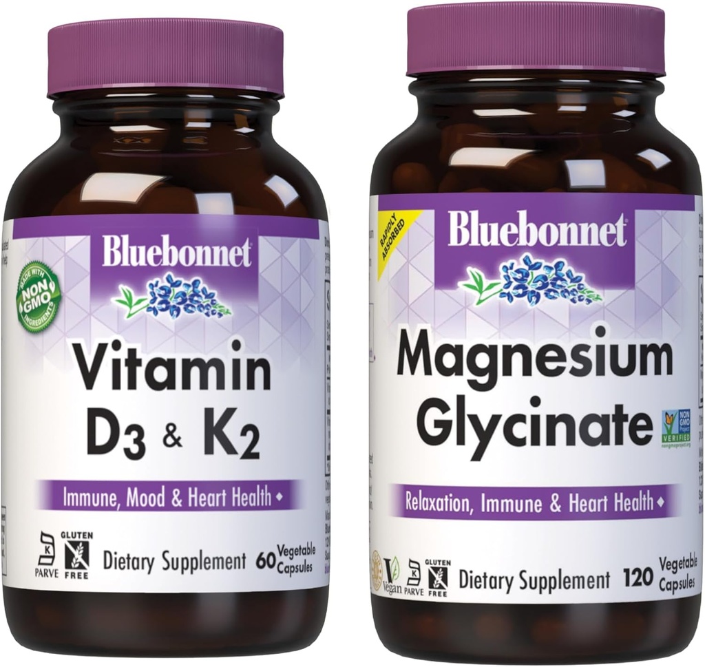 BlueBonnet Nutrition Vitamin D3 and K2, and Magnesium Glycinate Vegetable Capsules Bundle