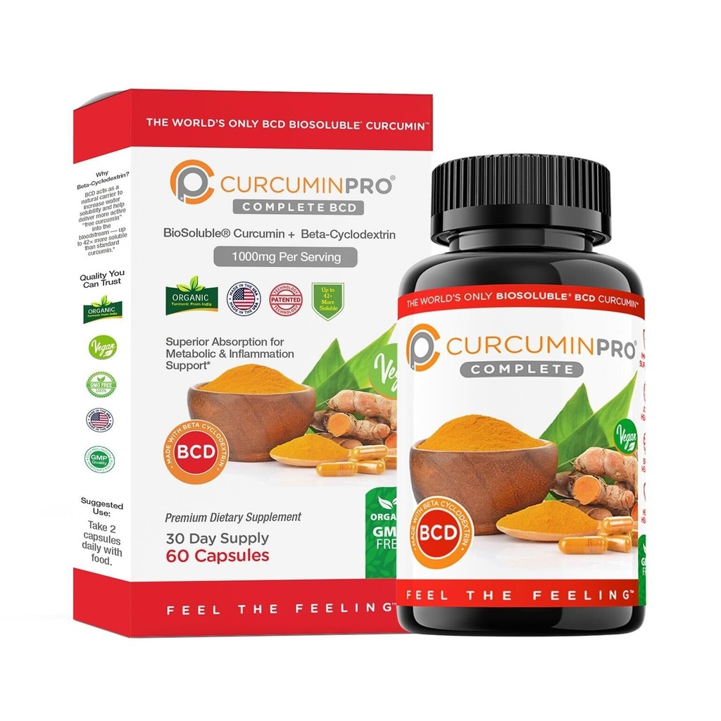 curcuminpro Complete BCD | 30 Day Supply | World's Only BioSoluble Vegan Beta Cyclodextrin & Organic Turmeric Curcumin | Natural Joint & Muscle Support | Vegan | 60 Count