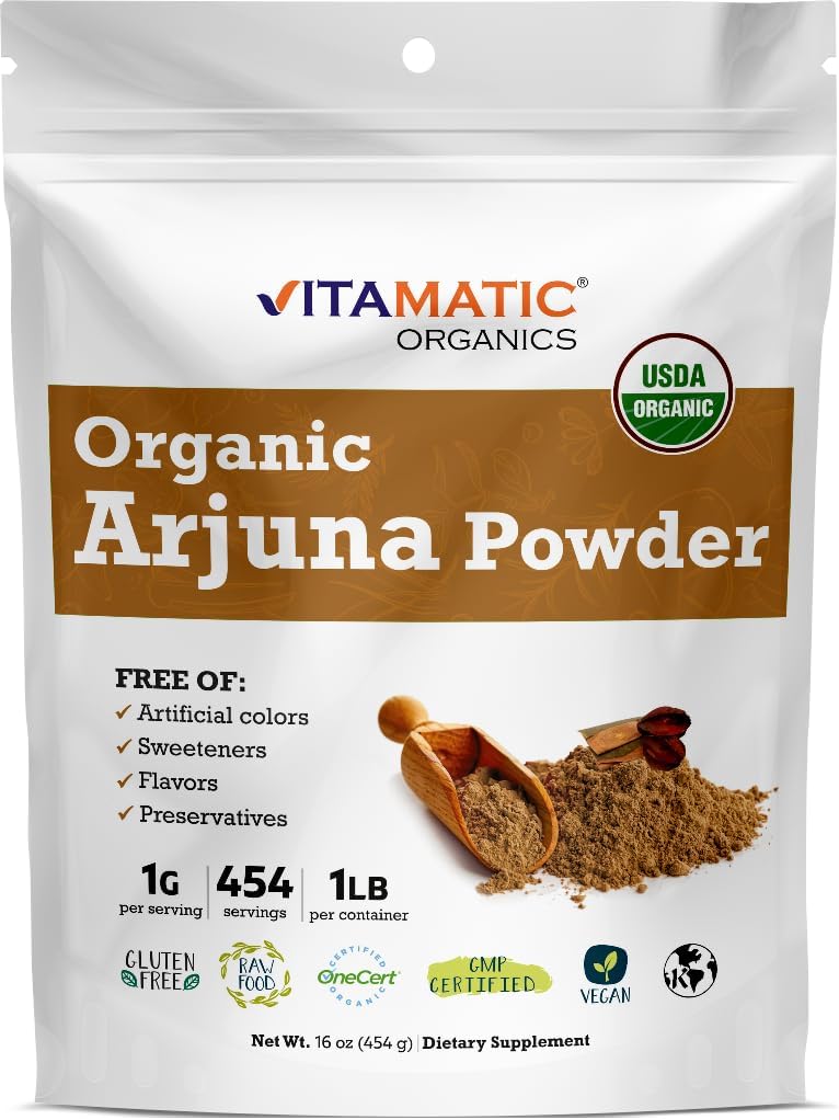 Vitamatic Certified USDA Organic Arjuna Bark Powder – 1 lb (16 oz) Pure Terminalia Arjuna Bark | Supports Heart Health, Circulation & Stress Relief