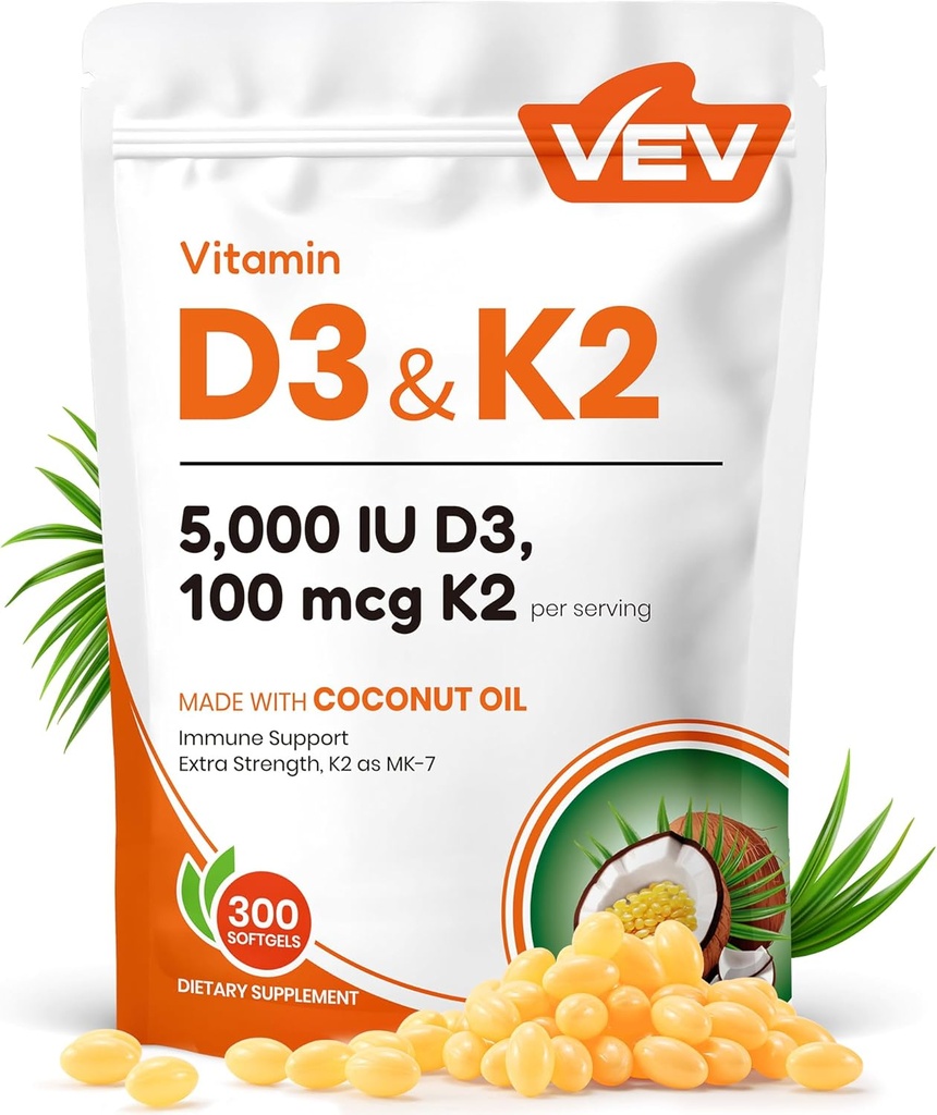 VEV Corefeel Vitamin D3 K2, 5000 IU D3 100mcg K2 (MK 7), 300 Softgels, 2-in-1 Vitamin D & K Supplement with Coconut Oil, Supports Calcium Absorption and Bone Health, Easy to Swallow