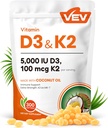 VEV Corefeel Vitamin D3 K2, 5000 IU D3 100mcg K2 (MK 7), 300 Softgels, 2-in-1 Vitamin D & K Supplement with Coconut Oil, Supports Calcium Absorption and Bone Health, Easy to Swallow