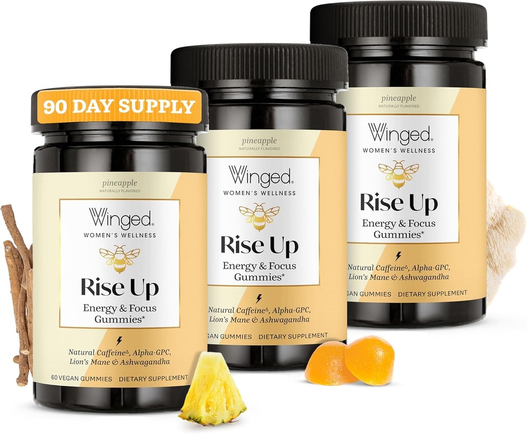 Winged Wellness Rise Up, Energy & Focus Gummies for Women - Daily Brain Boost Gummy Supplement with Natural Caffeine, Ashwagandha, B12, Nootropics Alpha-GPC & Lion’s Mane - Pineapple, 180 Gummies