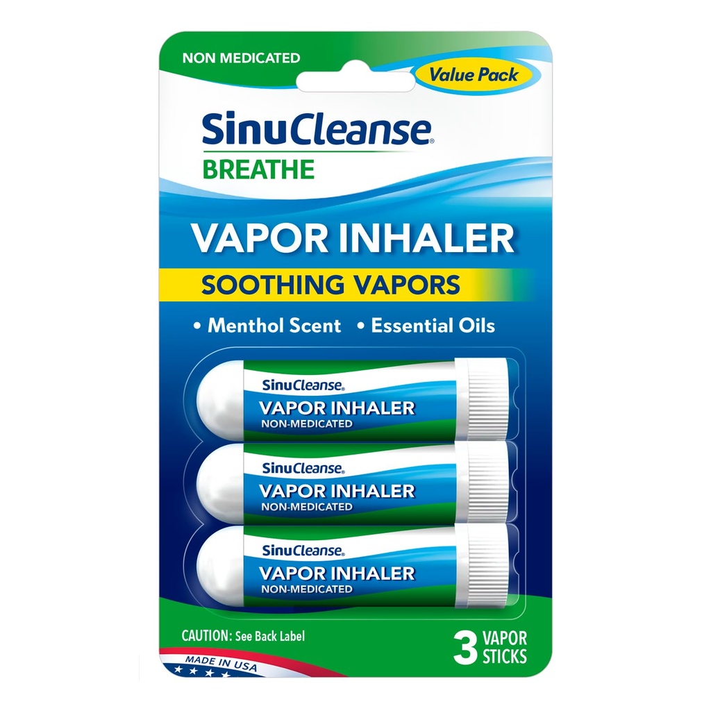 SinuCleanse Vapor Inhaler, Made in USA, Portable, On-The-Go, Non-Medicated, Refreshing Vapors, Pack of 3 Vapor Sticks