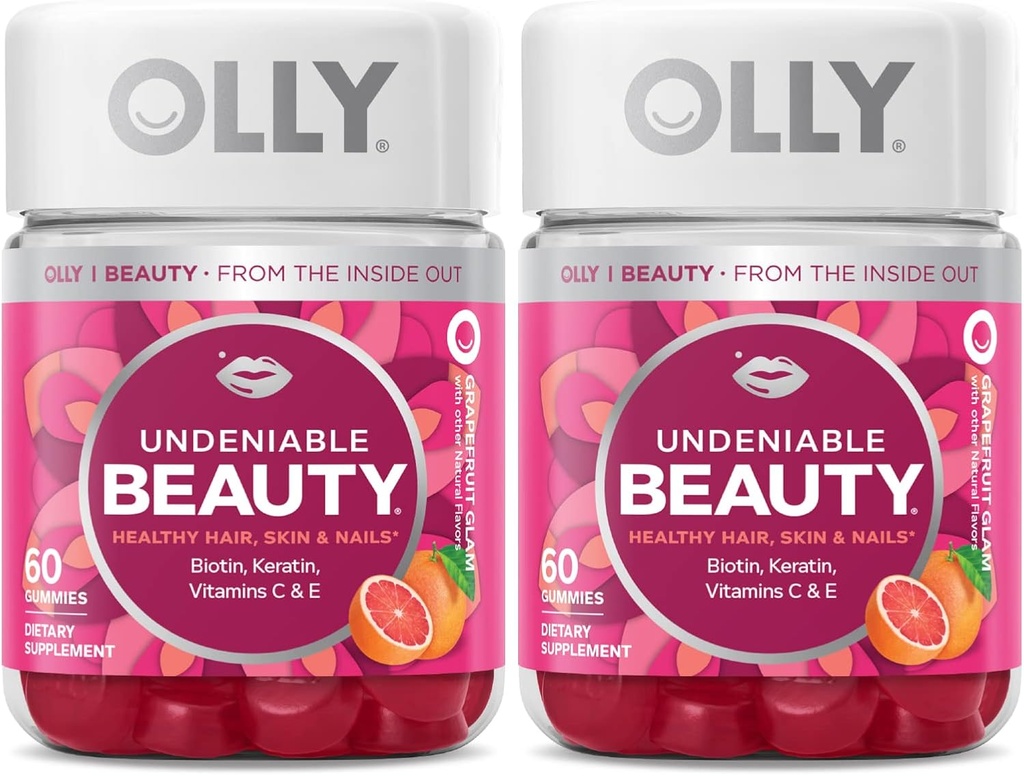 OLLY Undeniable Beauty Gummy, for Hair, Skin, Nails, Biotin, Vitamin C, Keratin, Chewable Supplement, Grapefruit, 30 Day Supply - 120 Count
