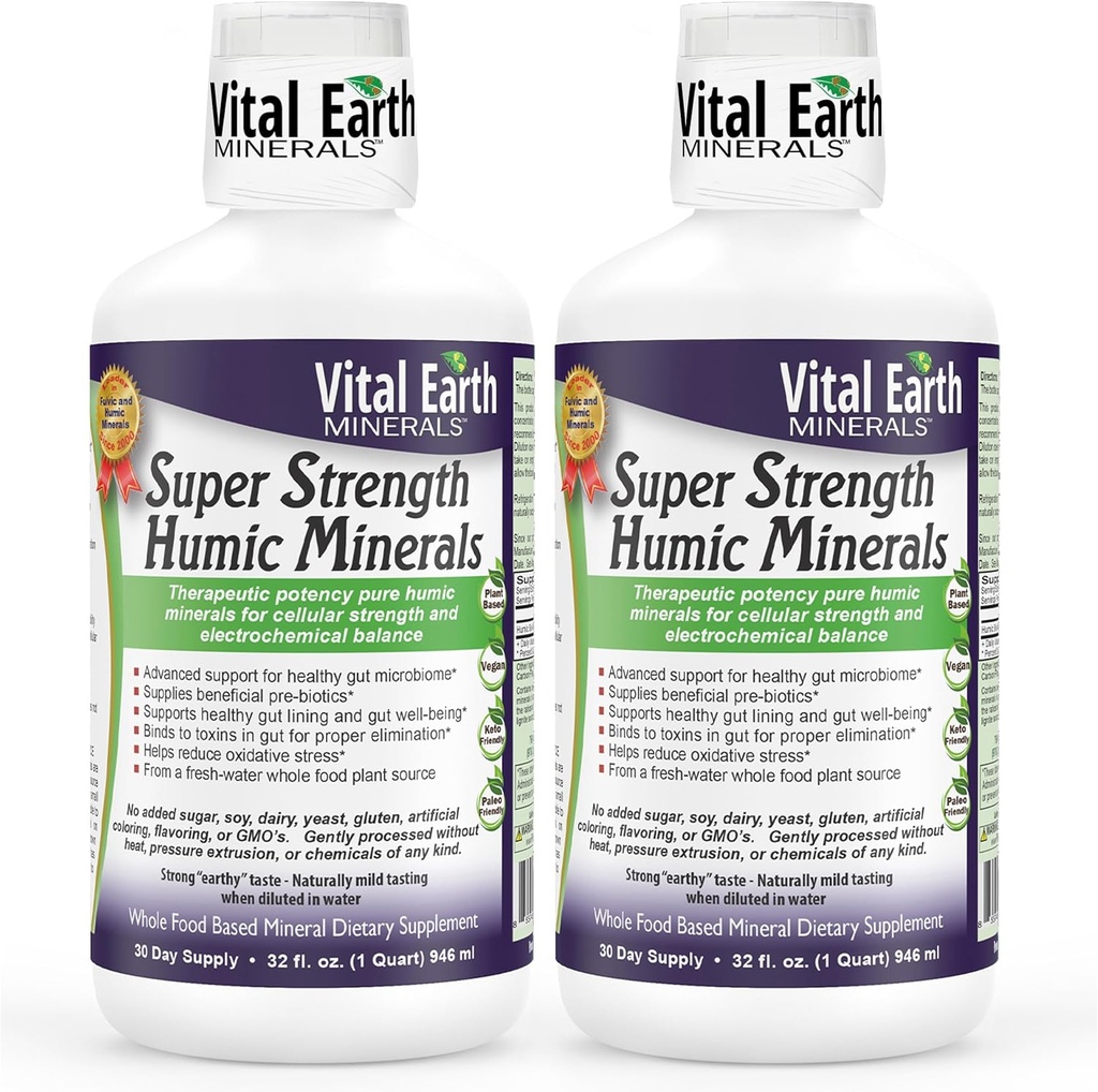 Vital Earth Minerals Super Strength Humic Minerals 2-Pack – Fulvic Acid Supplement with 70+ Trace Minerals, Electrolytes for Detox & Digestion, 32 Oz Ea + 1 Oz Cup
