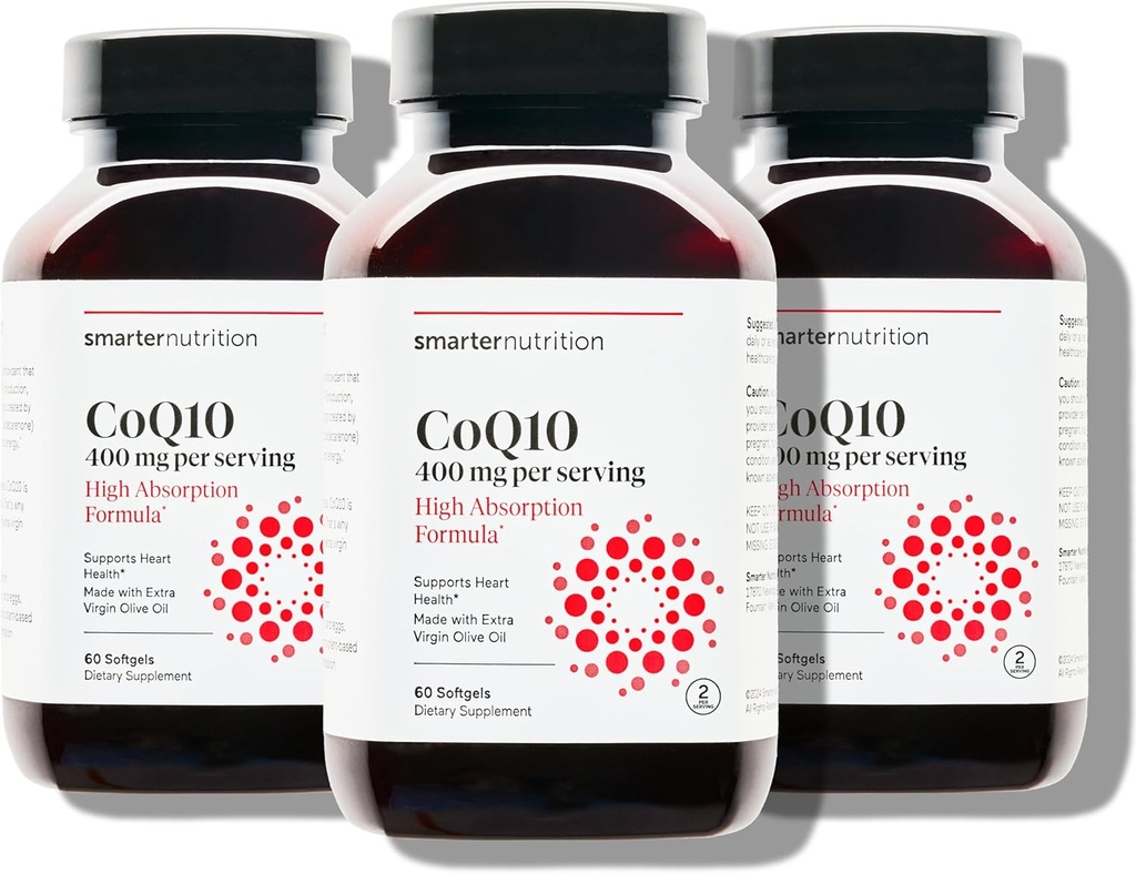 SMARTERNUTRITION CoQ10 400 mg High Absorption - Naturally Fermented Ubiquinone w/Organic Cold-Pressed Olive Oil - for Heart Health, Cellular Energy - Non-GMO, Gluten Free - 180 Count[90-Day Supply]
