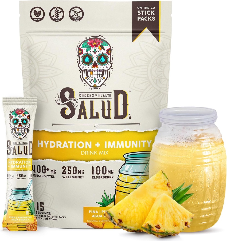 Salud 2-in-1 Hydration Packets + Immunity Electrolytes Powder, Pineapple - Agua Fresca Drink Mix, Elderberry, Dairy & Soy Free, Non-GMO, Gluten Free, Vegan, Low Calorie, 1g Sugar (15 Servings)