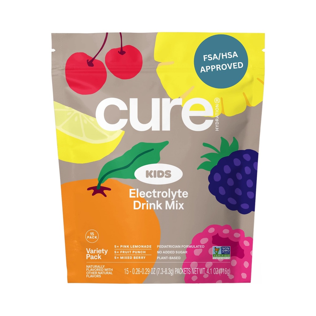 Cure Hydration - Kids Electrolyte Drink Mix | Plant-Based Pediatrician Formulated Rehydration | No Added Sugar, FSA-HSA, Non-GMO, Gluten-Free, No Artificial Flavors | 15 Packets - Variety Pack