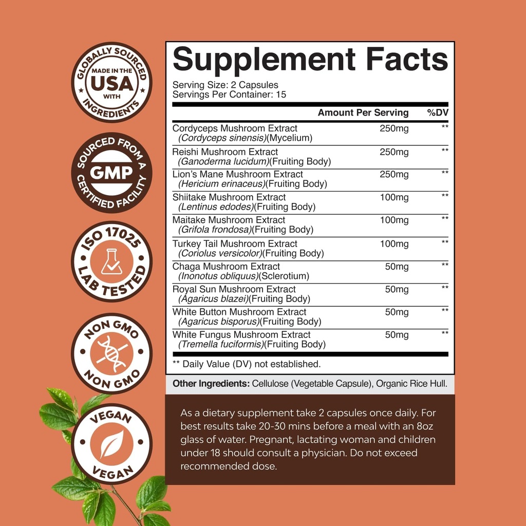 Advanced Mushroom Complex Capsules - 10X Lions Mane Supplement Capsules with Reishi, Chaga, Maitake & Shiitake for Brain Health Memory Support & Focus - Nootropic for Mental Clarity - 30 Caps