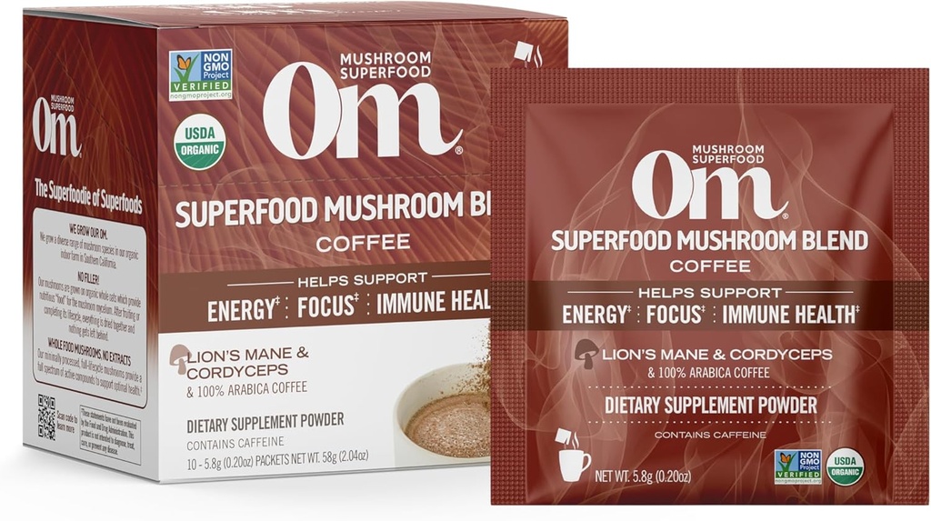 OM MUSHROOM SUPERFOOD Coffee Blend – Organic Arabica with Lion’s Mane, Cordyceps, Reishi, Turkey Tail & Ginkgo Biloba – Supports Energy, Focus & Mental Clarity – Single Serve Pack (10 Count)