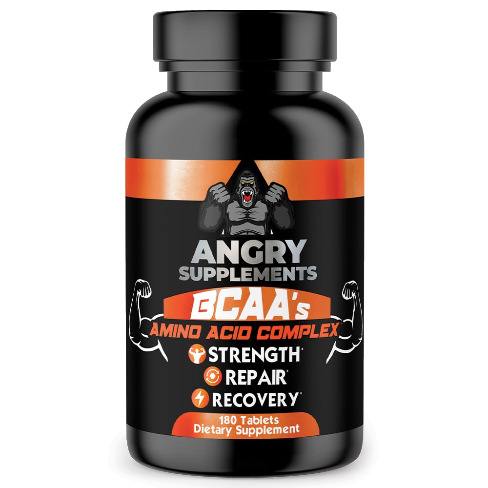 Angry Supplements BCAA Amino Acid Complex Tablets for Workout Recovery, Strength, & Repair with L-Leucine, L-Isoleucine, L-Valine, Vitamin B6, and Vitamin E, (1-Bottle 180ct)