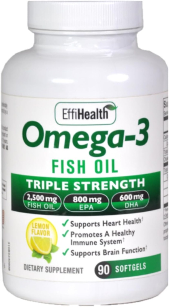 EffiHealth Omega-3 Fish Oil - Triple Strength 2500mg Fish Oil, 1200mg EPA, 600mg DHA - Supports Hearth Health, Brain health and Immune Support – Lemon Flavor, Burpless Fish Oil