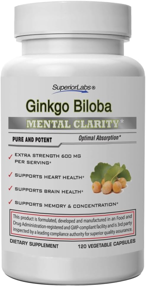 SuperiorLabs Ginkgo Biloba 1200 mg, Non-GMO, Black Pepper for Increased Absorption, Ginkgo Extract, Improves Memory & Focus, Circulation Booster, Natural Antioxidant Nootropic, 120 Veg Caps