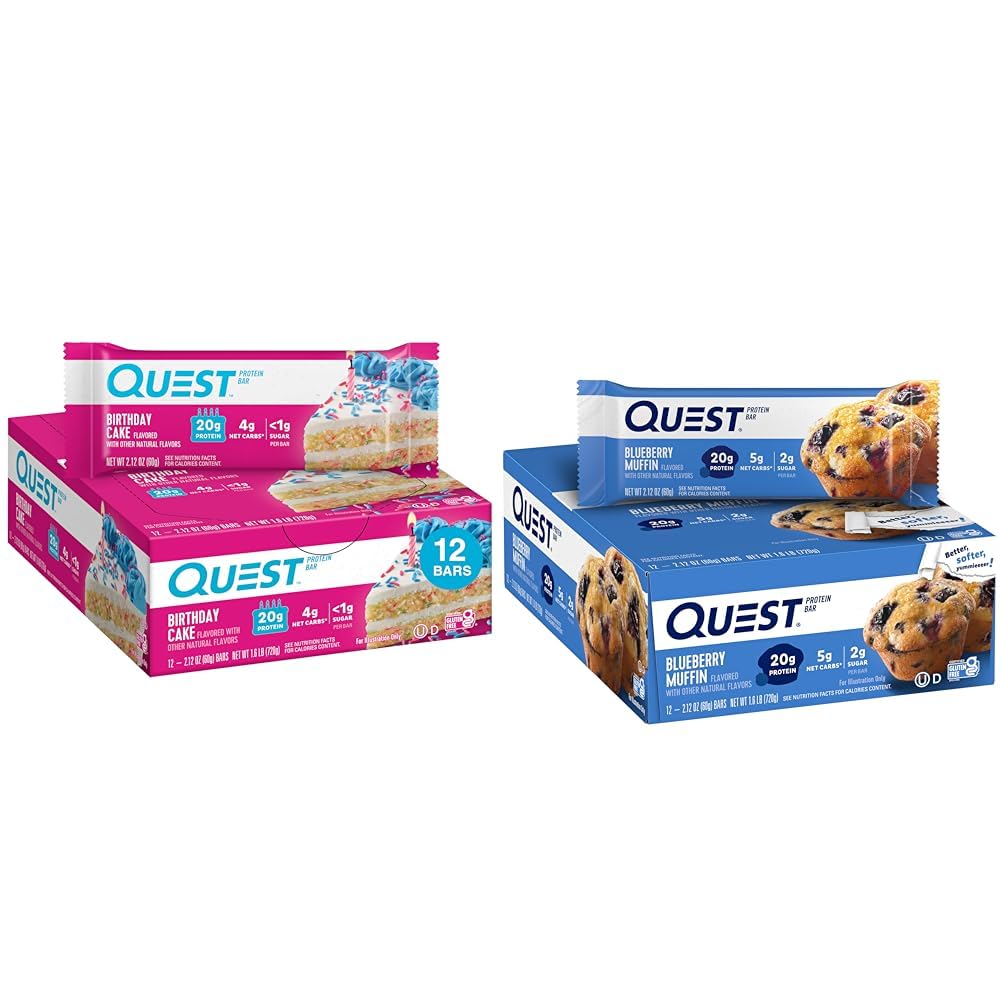 Quest Nutrition Birthday Cake Protein Bars, High Protein, Low Carb, Gluten Free, Keto Friendly, 12 Count & Blueberry Muffin Protein Bars, High Protein, Low Carb, Gluten Free, Keto Friendly, 12 Count