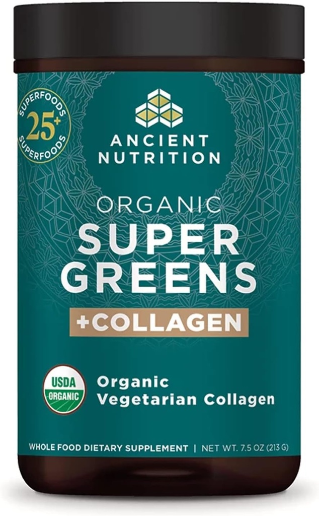 Ancient Nutrition Supergreens Powder, Organic Superfood Powder with Collagen, Made from Real Fruits, Vegetables and Herbs, for Digestive and Energy Support, 25 Servings, 7.5oz