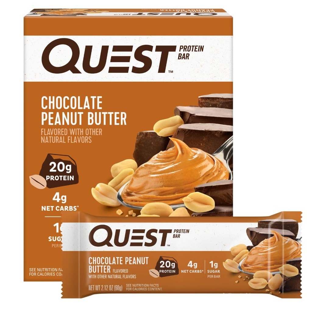 Quest Nutrition Chocolate Peanut Butter Protein Bars, 20g Protein, 1g Sugar, 5g Net Carb, Gluten Free, Keto Friendly, 4 Count