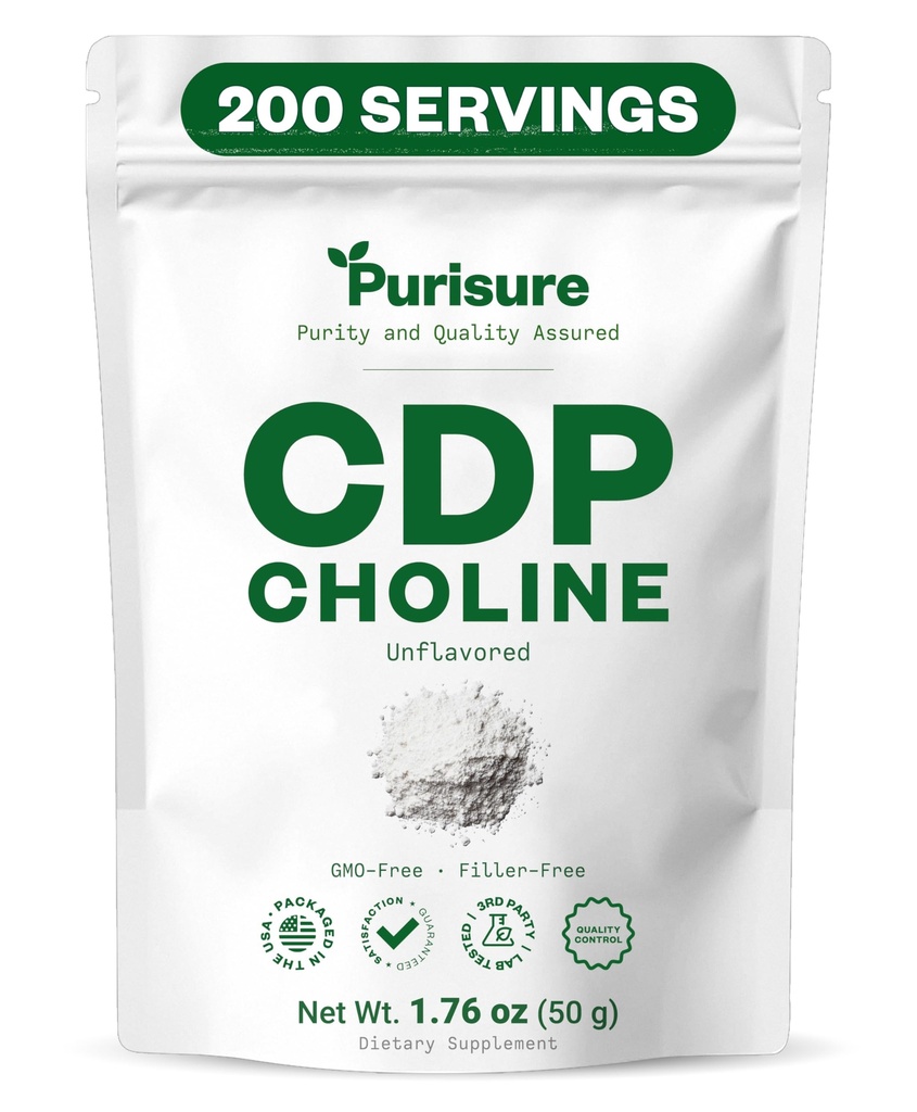 Purisure CDP Choline Powder, 50g, CDP Choline Supplements That Support Attention, Focus, and Energy, Citicoline Powder for Cognitive Function, Increases Motivation and Productivity, 200 Servings