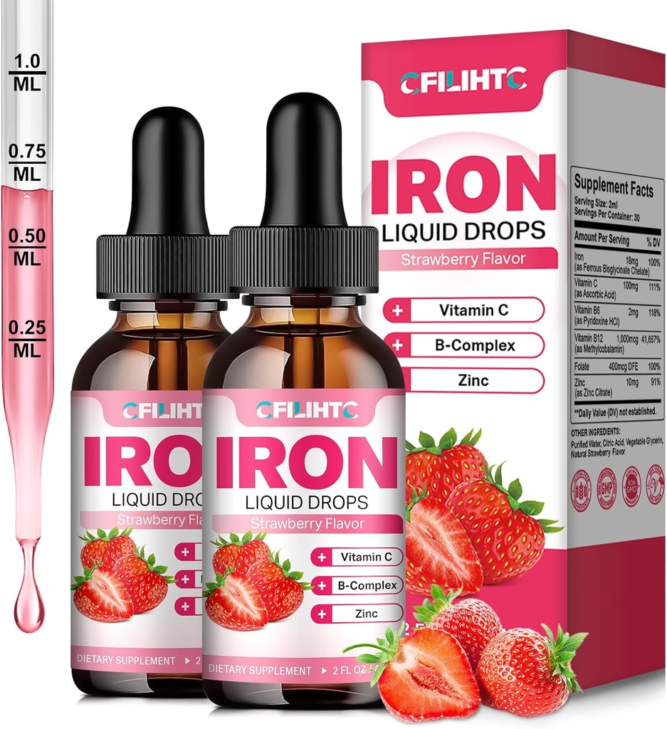 Liquid Iron Supplement for Women Men & Kids Multivitamin Iron Drops with Folate, Vitamin C, B6, B12, Zinc for Anemia, Iron Deficiency, Blood Builder, Energy - Natural Strawberry Flavor, Vegan 4 Fl Oz