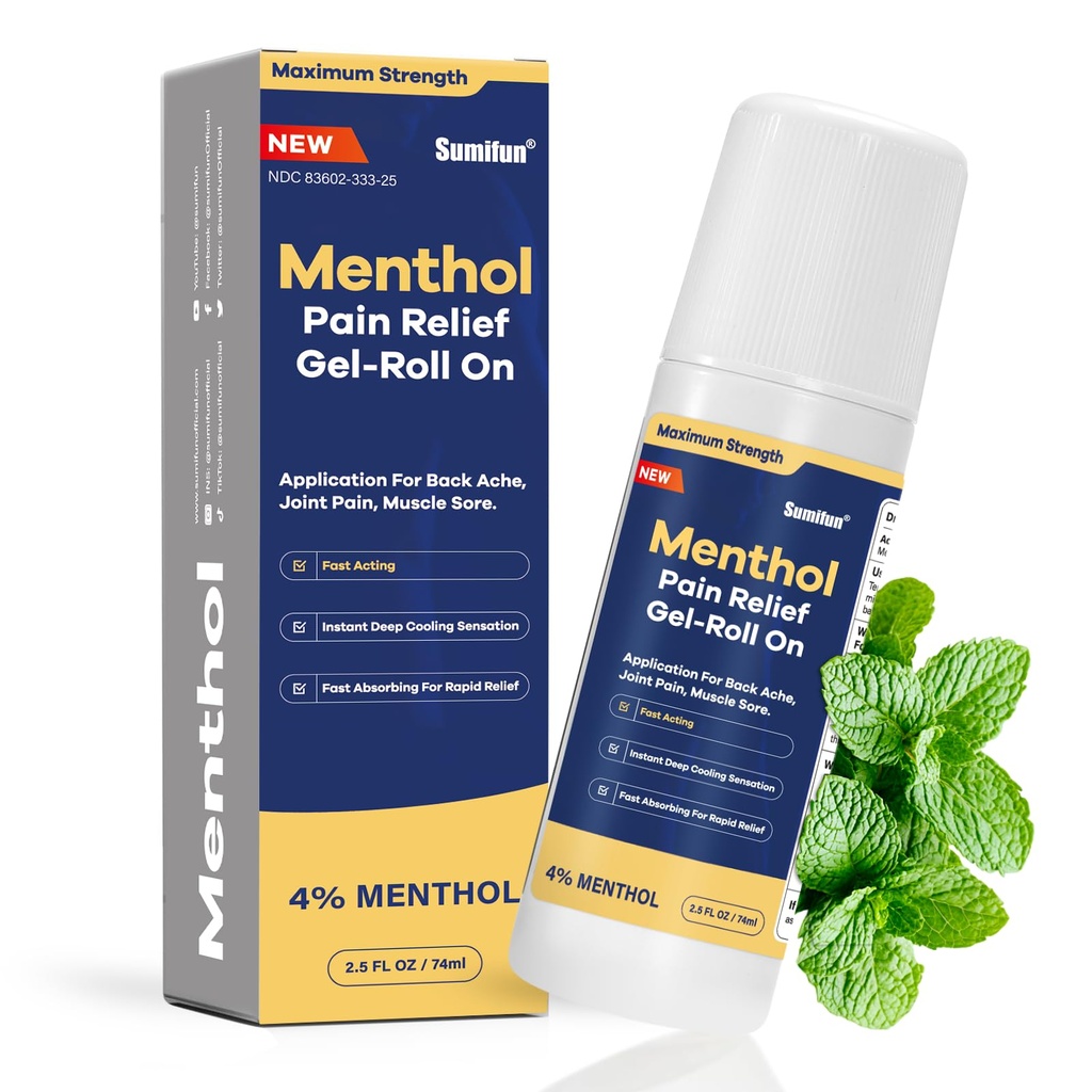Sumifun 4% Menthol Pain Relief Roll-On - Targeted Nerve & Muscle Soothing Gel,Non-Greasy Formula for Neck,Shoulder,Knee,Back Pain Relief Products - 2.5 oz (Pack of 1)